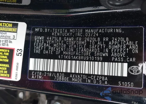 2024 Toyota Camry Xse z USA, uszkodzony, nr VIN 4T1K61AK8RU910199